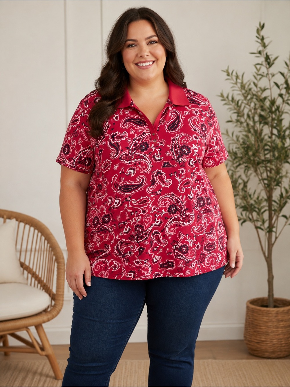 NEW Kim Rogers Perfectly Soft 4X Red Paisley Polo Shirt Plus Size 4X Preppy